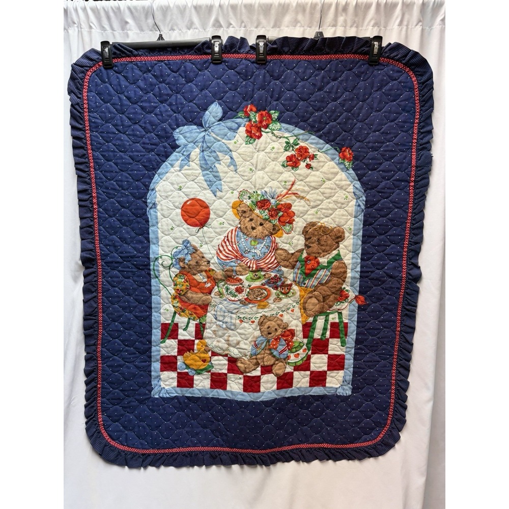 Vintage Teddy Bear Quilt Baby Toddler Cranston Print Tea Party 1990s Excellent